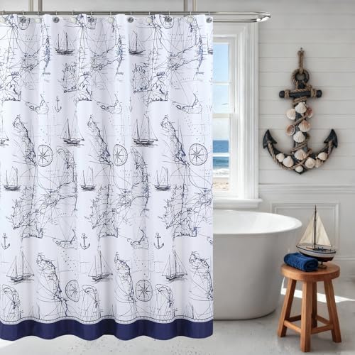 DS BATH Nautical Ocean Shower Curtain for Bathroom, Navy Blue Coastal Beach Theme Fabric Shower Curtain with Anchor & Sailboat, Waterproof Washable Decorative Cloth Bathroom Curtains, 72