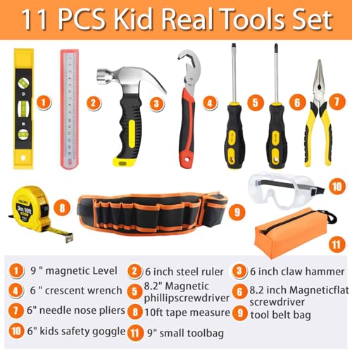 Miniatura 7 de Qeeheng 10 Kit Verdadero De Herramientas Para Niños Con Martillos, Gafas De Seguridad Para Niños, Alicates, Destornilladores, Herramientas Prácticas Para Niños Y Niñas, Regalos De Aprendizaje