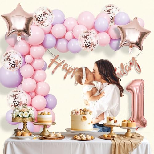 Image of Party Propz 1st Birthday Decoration Items for Baby Girl- 39 Pcs, Rose Gold Happy Birthday Banner (Cardstock), Happy Birthday Decoration Kit for Girl, Pink Balloons for Decoration, 1 Foil Balloon