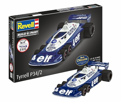 Revell 77741 Starter Kit Tyrrell P34/2 6-Wheeler 1:32 Scale, Plastic Model Kit with Basic Paint Colours, Model Glue, and Paintbrush