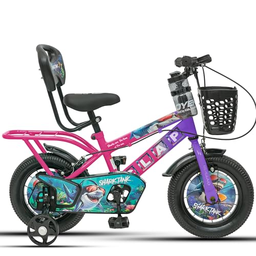 Image of Shark Tank 12T Kids Bicycle for Boys & Girls with Training Wheel, Front Basket, PU Soft Seat with Backrest, Full Chain Cover & Stylish Wheelcards (Purple /Pink, 12T)