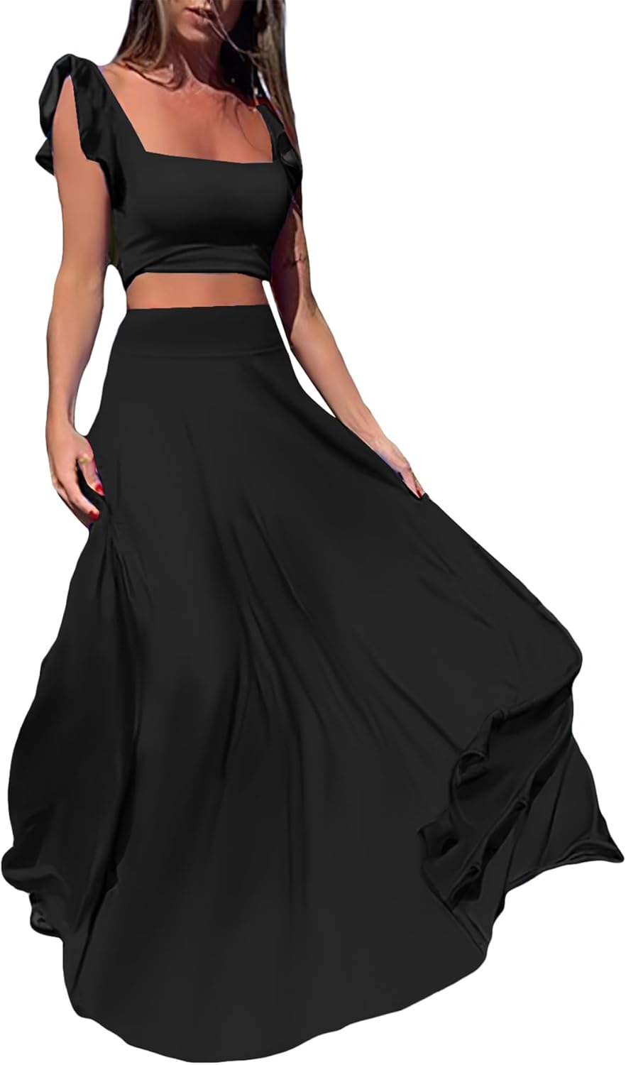 Vakkest Womens Summer Sexy 2 Pieces Outfits Ruffle Floral Tank Top Wrap Boho Tropical Long Skirt Set Clubwear Dresses