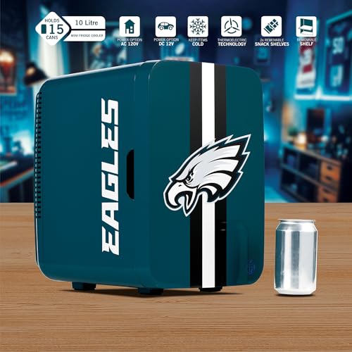Image of Ukonic NFL Philadelphia Eagles 15-Can Mini Fridge 10L - AC /DC Powered, Official Team Colors & Logo, Portable Cooler for Tailgates, Home, Office, or Car