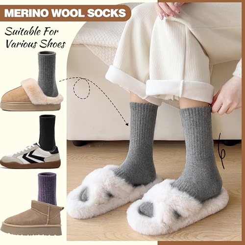 Image of EBMORE 5 Pairs Women Merino Wool Boot Socks Warm Thermal Winter Thick Hiking Cozy Cabin Crew Comfy Socks for Ladies