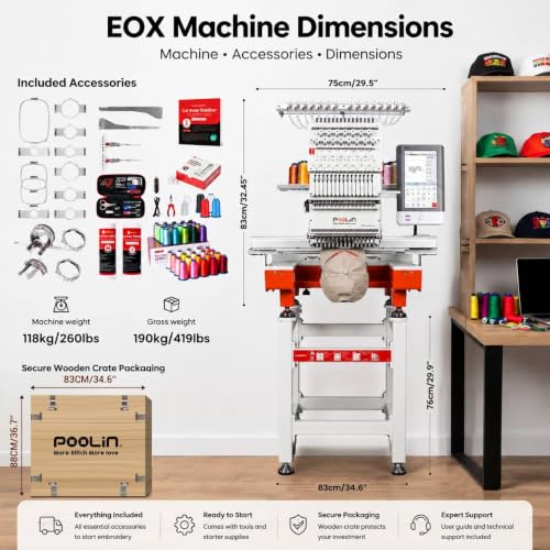 Image of Poolin EOX 20 inchx14 inch Embroidery Area,10'' Touch Screen,Commerical Embroidery Machine,270 Hat 3D Cap 11 Hoops, WiFi &USB,For Shirts,Patches,Shoes,Hat,Institch OS5