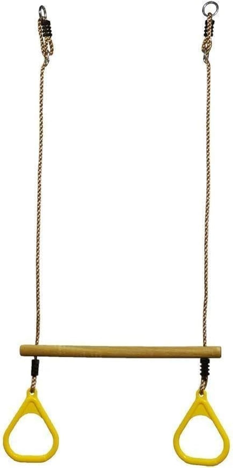 Huawell Yellow Wooden Trapeze With Plastic Gym Rings - Outdoor N Indoor Playground 2 In 1 Swing Set Accessories For Kids (Yellow)