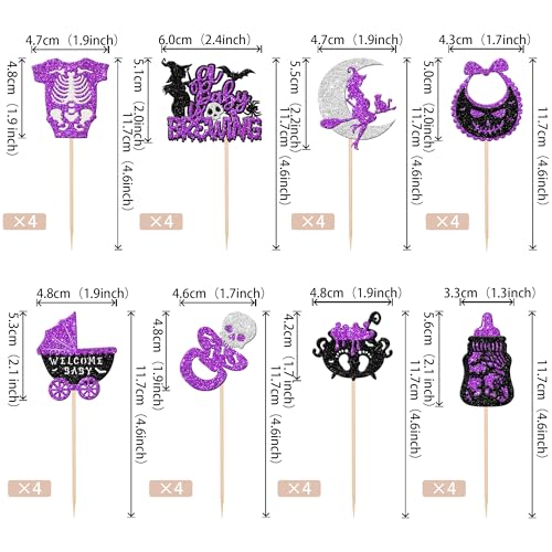 Zhuoweism ZWA1345-PURPLE 32 Pcs A Baby Is Brewing Halloween Cupcake Toppers Glitter Carriage Bottle Welcome Baby Shower Cupcake Picks thumb #1
