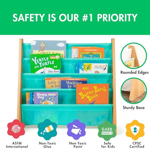Image of Humble Crew Kids Bookshelf, 4-Tier Front-Facing Book Display Organizer, Montessori Toddler Bookcase for Playroom, Bedroom & Reading Corner, Natural Wood /Seafoam Green