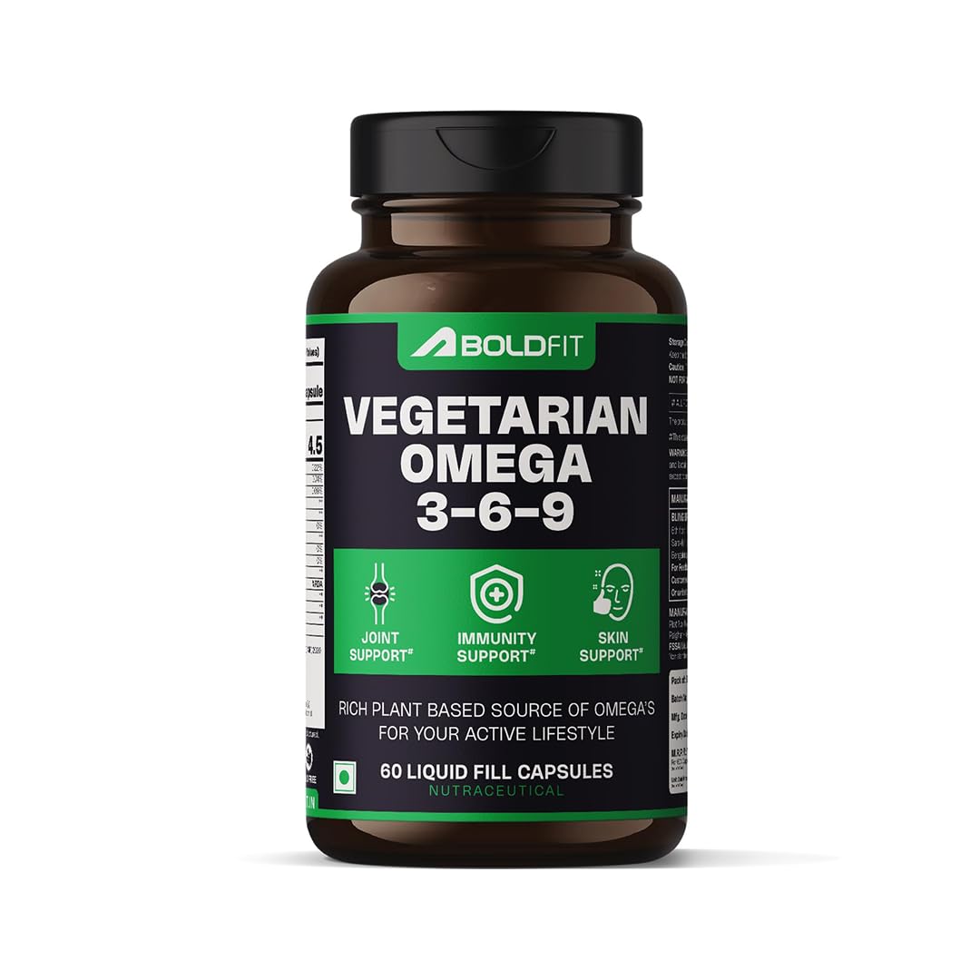 Boldfit Omega 3, 6 & 9 From Flaxseed, Borage & Olive Oil, Vegetarian Supplement For Heart, Skin, Joint & Muscles Support - Epa & Dha Rich Capsules For Men & Women - 60 Count