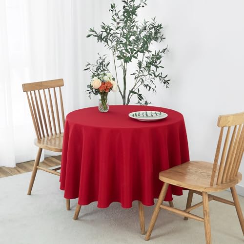 Image of maxmill Round Tablecloth Weaved Texture Design Spill-Proof Wrinkle Free Soft Christmas Table Cloth for Circular Table Cover, for Dining Room Banquet Parties Holiday Dinner, 90 Inch Red