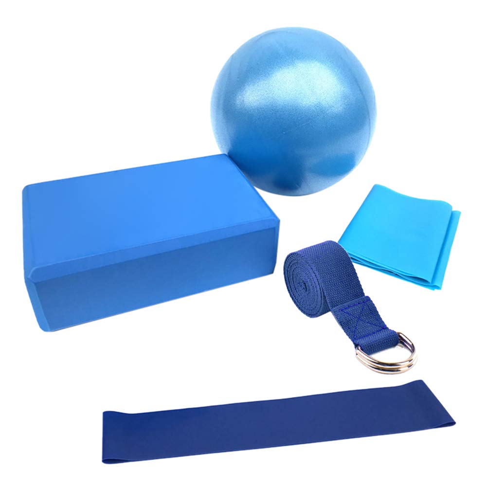 Set Di Attrezzi Da 5 Pezzi Per Yoga Pilates Ball Brick Stretching Strap Resistance Loop Blu Diametro della sfera: 25 cm