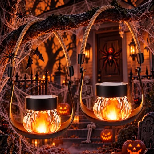 Halloween Solar Lantern Outdoor with Flickering Flame, 2 Pack Rechargeable