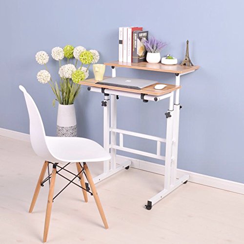 Soges Mobile Standing Deskadjustable Height, Roling Sit-Stand Desk, Small Standing Computer Desk Workstation On Wheels, Sit Stand Up Desk For Home Office, Oak #TOP1