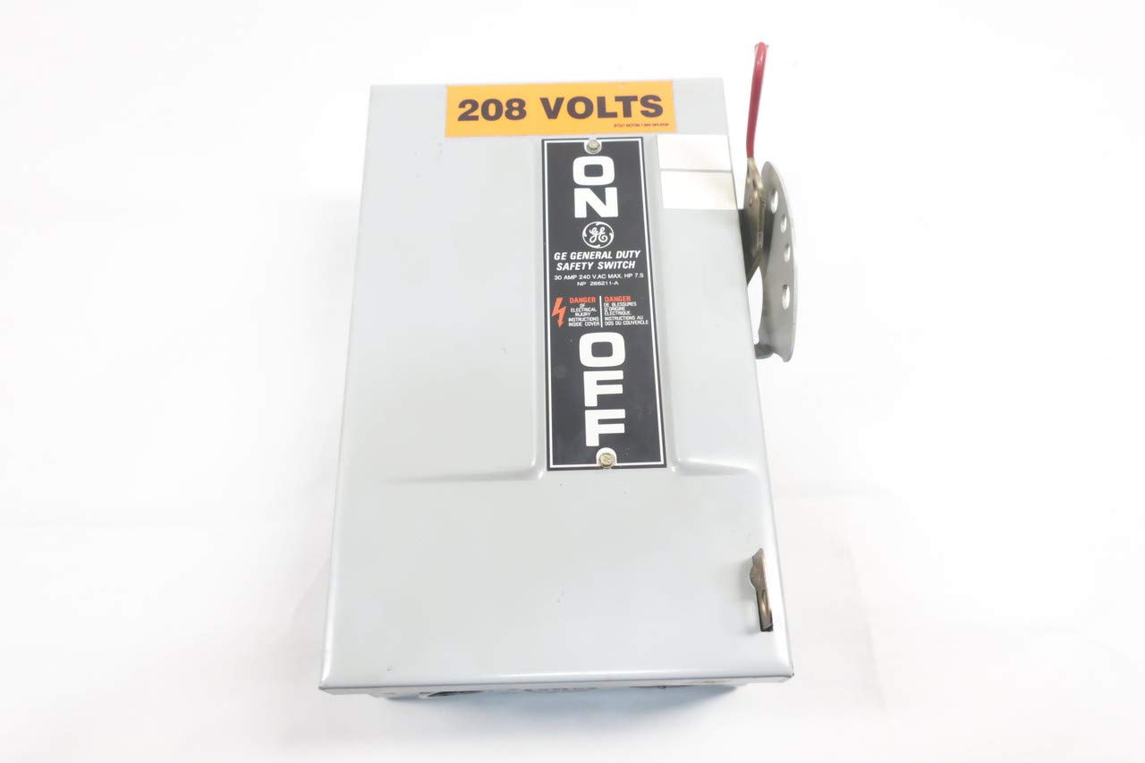 GE TG3221 Fusible General Duty Safety Switch, 240 VAC, 30 A, 1 Phase, 3 Wires, 2 Poles, Handle Actuator, Steel Construction, 1.5 hp Standard Fuse, 100 kA Short Circuit Current Rating