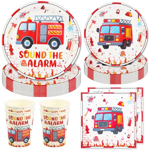 Hmfmdy Service de Table pour Fête D'anniversaire, 50 Pièces Motif Camion de Pompiers, avec Assiettes, Gobelets et Serviettes en Carton, pour Fournitures de...
