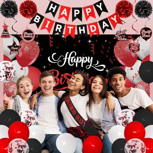 Image of Roetyce Red Birthday Decorations for Women, Black and Red Birthday Queen Sash & Crown Banner Backdrop Balloons Hanging Swirls Kit Gift for Her, Bday Party Backdrop Background