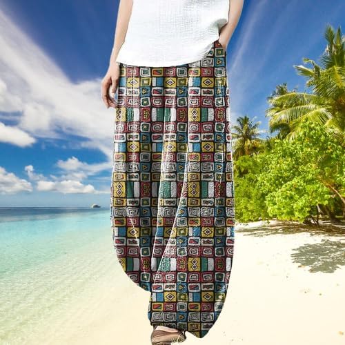 Women's Wide Leg Harem Pants Graffiti Printed Baggy Elastic Waisted Cotton Palazzo Summer Beach Trouser - Image 2