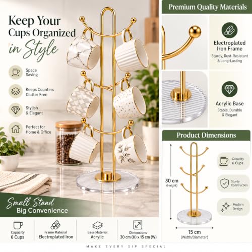 Image of 6 Hook Cup Holder Stand for Kitchen Counter | Metal Cup & Coffee Mug Tree with Acrylic Base | Freestanding Mug Organizer & Hanger Rack | Gold Finish | 6 Cups | 30 x 15 cm