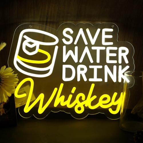 Save Water Drink Whiskey Neon Sign LED Sign Bar Sign for Man Cave Home Bar, 15x11 inch USB-Powered Dimmable Whiskey Neon Lights for Home, Man Cave/Bars/Men Room Decor