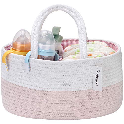 Hinwo - Cesta para pañales de bebé, 3 compartimentos, organizador portátil para el coche, cesta de regalo para recién nacidos, cuerda de algodón con divisor desmontable para pañales y toallitas rosa