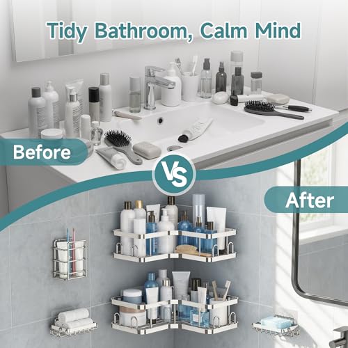 Image of Veken Corner Shower Caddy 3-Pack, Advanced Rustproof Design&Stable Storage | No Drilling Adhesive Shelves, Rack with Soap Holder & Hooks, Thickened Metal Frame, Bathroom Organizers and Storage, Silver