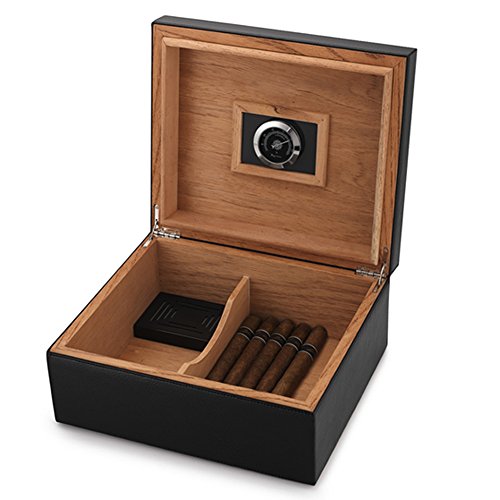 MEGACRA Desktop Humidor Case Holds 25-50 Cigars, Unique Elegant Leather Display, 100% Handcraft Real Solid Spanish Cedar Wood Storage Box with Humidifier and Hygrometer Desktop Humidors
