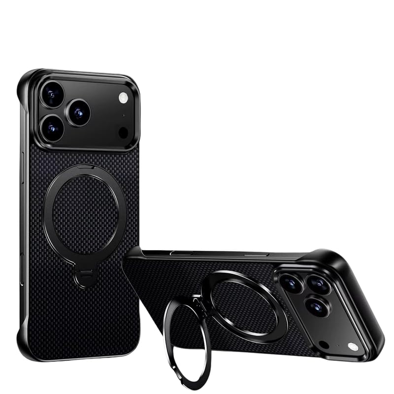 Image of Frameless Aramid Kevlar Textured Phone Case Compatible with iPhone 17 Pro Max Carbon Fiber Textured Magnetic Phone Case with Rotation Ring - Black