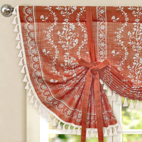 Image of Yinhua Boho Tie Up Curtains for Windows Vintage Linen Valance Light Filtering Floral Valance Rod Pocket Rustic Adjustable Tassel Window Valances for Bathroom, 42 inch W X 45 inch L, Terracotta
