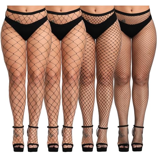 Image of URATOT 4 Pairs Plus Size Fishnet Cross Mesh Tights Sexy Fishnets Pantyhose Stockings Thigh High Stockings