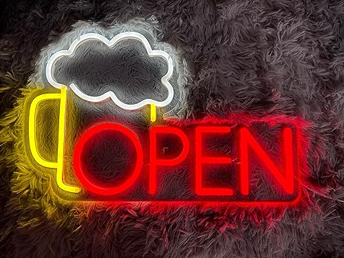 Image of Beer Open Neon Sign Beer Signs for man cave Beer neon sign beer cocktail Beer decor Led light Party Decoration Bar Beer sign Neon Beer Signs Alcohol neon sign beer cave sign Beer light up (Red, Yellow, White, 17x11'')