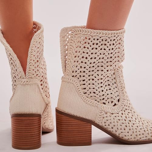 Women's Crochet Ankle Boots Almond Toe Stacked Chunky Heel Booties Comfort Woven Hollow Pull-On Boots Fashion Party Dress Vacation Heeled Shoes4