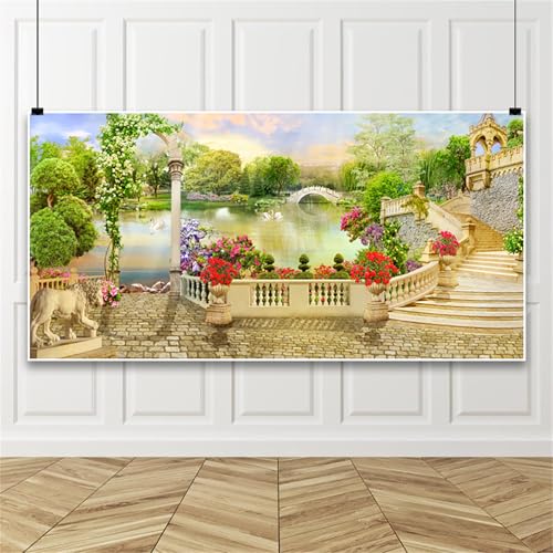Bovlleetd 3x1.5m Telón de Fondo de jardín Bosque Natural Flores Puente de río Paisaje Fotografía Telón de Fondo Balcón Pabellón de Estilo Europeo Telón de Fondo Vinilo Video Shoot Studio Props