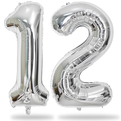 Image of Silver 12th Birthday Balloons for Boys, 40 Inch Mylar Self Inflating 12 Balloon Number, Big Foil 1 and 2 Helium Balloons for Women Girls 21st Birthday Party Decorations Anniversary Decor Supplies