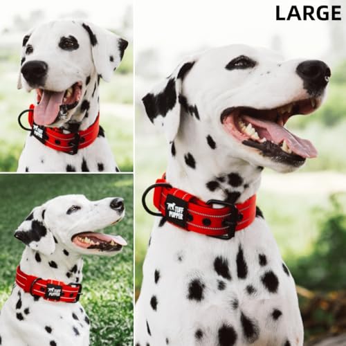 Image of Tuff Pupper Heavy Duty Tactical Dog Collar | 1.5 inch Wide Ballistic Nylon | Reflective Stitching | Integrated ID Tag Holder | Stainless Steel Buckle | Padded Lining | Medium & Large Dogs (Red, Large)