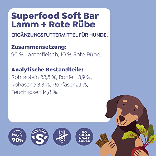 WOW Soft-Snacks I Bars Lamm I Lammfleisch mit Roter Rübe für Hunde I 100% Natur I Nahrungsergänzung I Belohnung beim Spiel & Training (1x 150g)