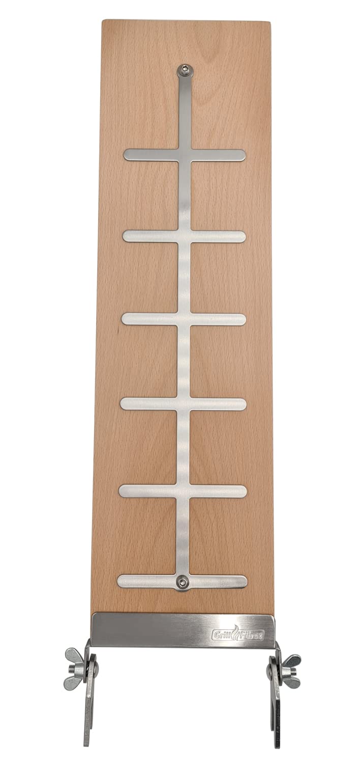 Grillfürst Flammlachsbrett - Halterung zum Schrauben aus Buchenholz für Flammlachs, 14 cm x 50 cm langes Räucherbrett mit 16 mm Nut für Grills und Feuerstellen
