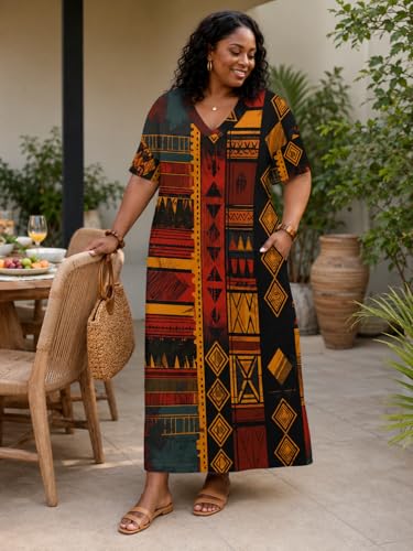 Image of SUZONANA Plus Size Dresses for Curvy Women African Print American Dress Summer Outfits Casual Loose with Pocket