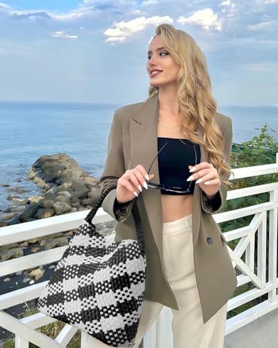Image of Woven Tote Bag for Women, Fashion Woven Bags for Women Vegan Leather Shoulder Handbags Large Summer Beach Travel Bag