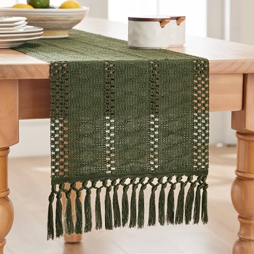 Image of ZeeMart Macrame Style Boho Table Runner, 12x108 Inch Olive | Woven Boho Table Runner with Handmade Tassels, Crochet Hollow Table Scarf, Farmhouse Kitchen Home Decor Dresser Runner