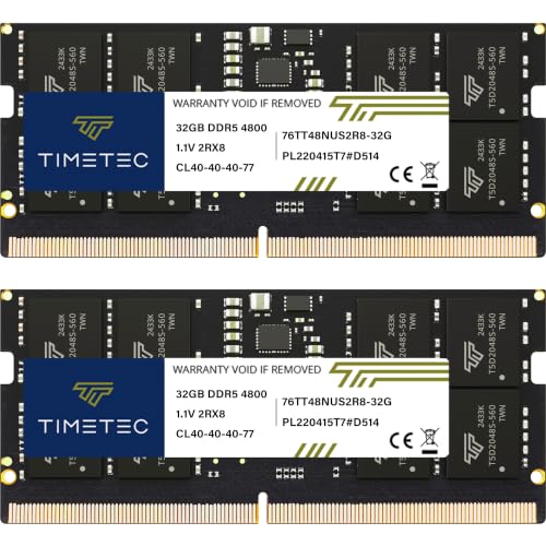 Image of Timetec 64GB KIT(2x32GB) DDR5 4800MHz PC5-38400 Unbuffered Non-ECC 1.1V CL40 2Rx8 Dual Rank 262 Pin SODIMM Laptop Memory RAM Module Upgrade (64GB KIT(2x32GB))