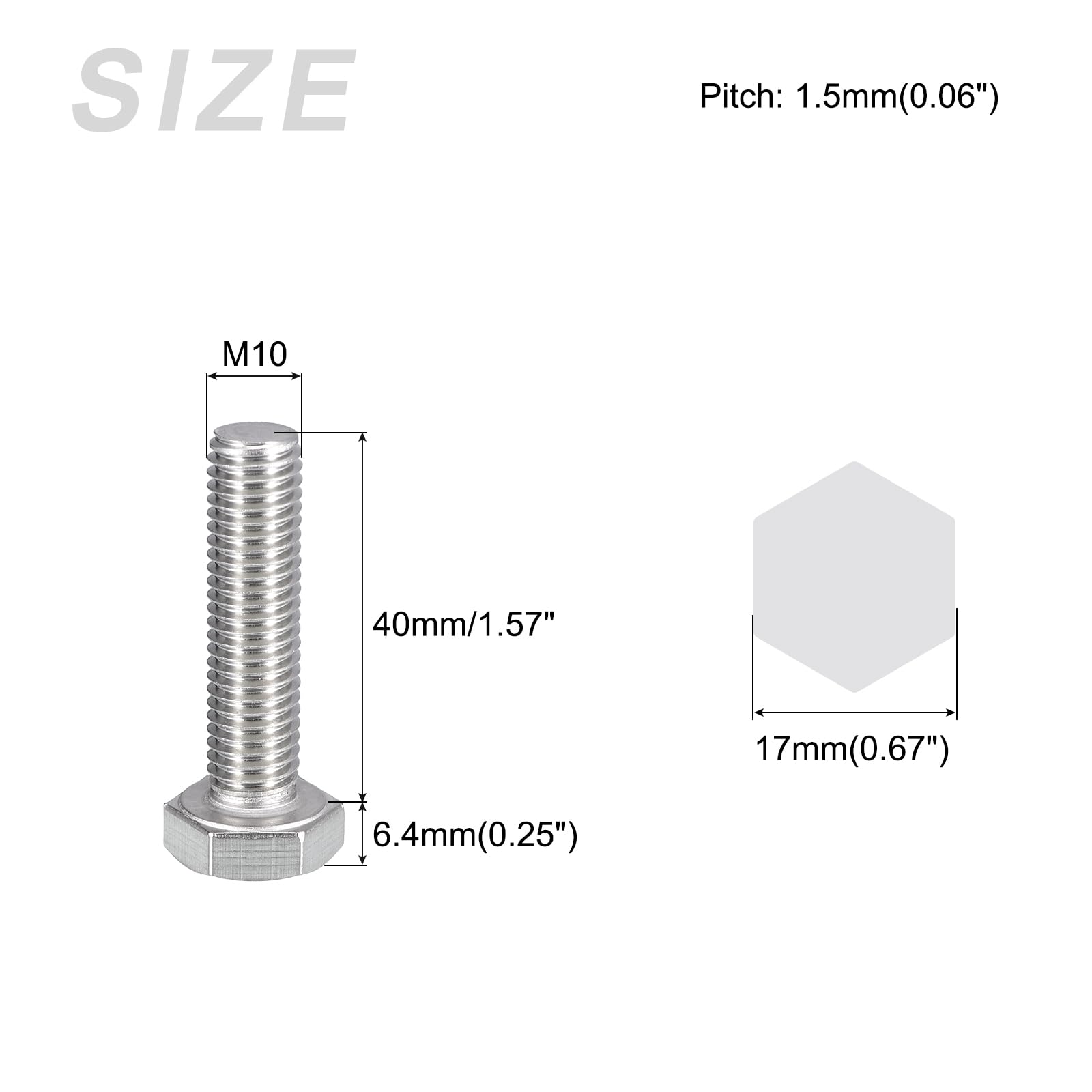 METALLIXITY Hex Bolts (M10-1.5x40mm) 5Pcs, 304 Stainless Steel Coarse Fully Threaded Hex Head Screw Bolt Machine Screws - Image 2