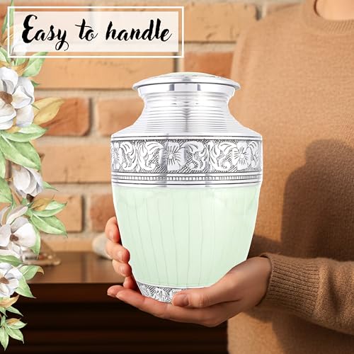 Image of Large Cremation Urn for Human Ashes Adult - Handcrafted Aluminum Memorial Urn for Men & Women, Secure Screw-Top Lid, 200 Cubic Inches, Decorative Funeral Burial Urn for Home Display, Green Silver