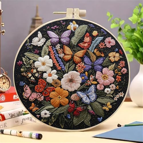 Image of Huacan Embroidery Kit for Beginners Adults Includes Stamped Flowers Butterfly Pattern, Hoop, Color Threads,Tools,Easy to Follow Instruction