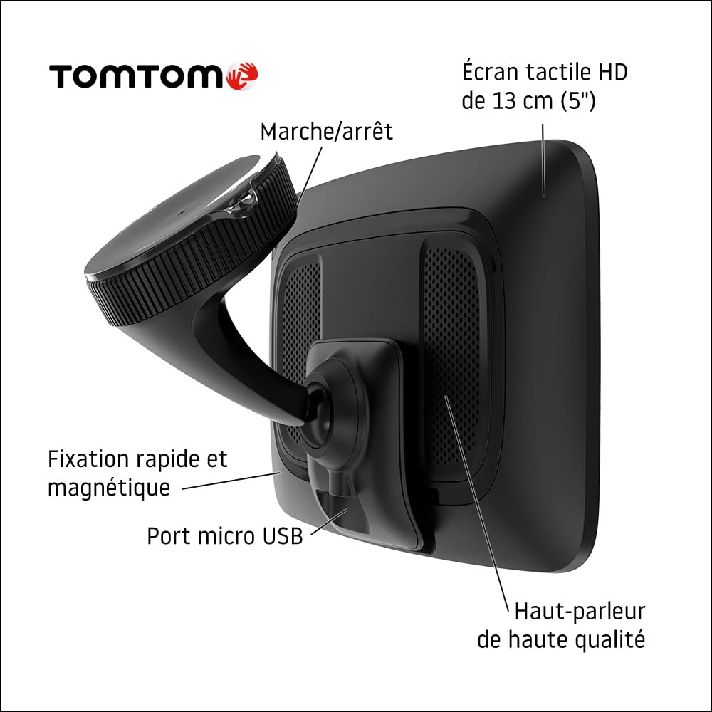 TomTom GPS Voiture GO Discover, 5 Pouces, Info Trafic, Alertes de Zones de Danger, Cartes Monde, Mise à Jour Rapide Via WiFi, Parking, Prix du Carburant, Fixation Magnétique Alimentée Noir