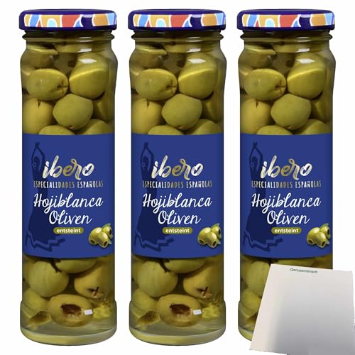 usy Bundle für Ibero grüne Hojiblanca Oliven entsteint 3er Pack (3x150g Glas) + usy Block