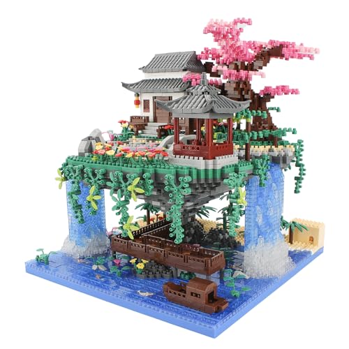 Peach Blossom Pond Building Set, Cherry Blossom Bonsai Tree House Blocks, Collectible Chinese Architecture Model Gift Toy with String Light for Adults Kids Aged 6+, 3320 PCS Micro Bricks Home Decor