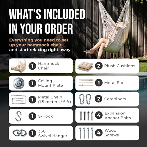 Image of Hanging Hammock Chair Swing - Hanging Chair Outdoor & Indoor - Hammock Swing Chair - Quick & Easy Setup with Hardware Kit - Durable & Spacious Full Body Support with 2 Plush Cushions - Holds 440 Lbs