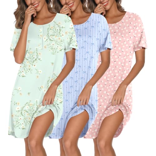 Image of Ekouaer 3 Pack Nightgowns for Women Short Sleeve Sleepshirt Night Shirts