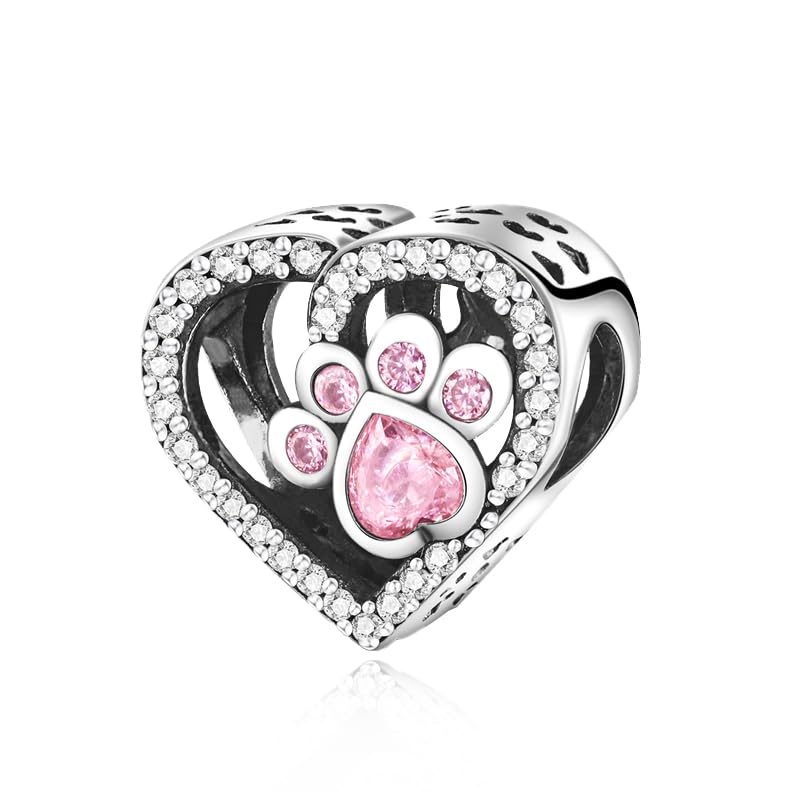 LMLMECREA Herz Charms Anhänger 925 Sterling Silber mit Rosa Hundepfote- Charm für Europäische Armbänder - Geschenk für Frauen