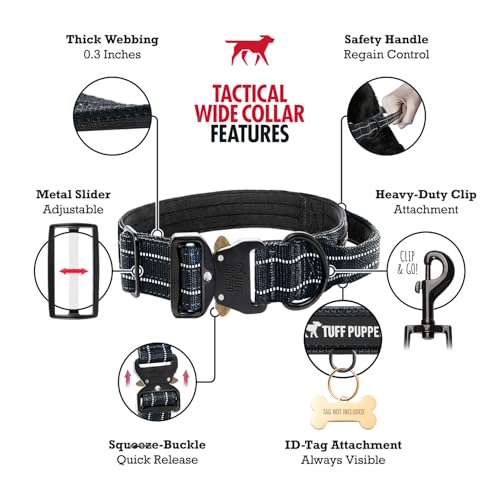 Image of Tuff Pupper Tactical Dog Collar | Heavy Duty 1.5 inch Wide Ballistic Nylon | Training Control Handle | Quick-Release Metal Buckle | Reflective Bands | ID Tag Holder | Padded Inner Lining (Black, Large)